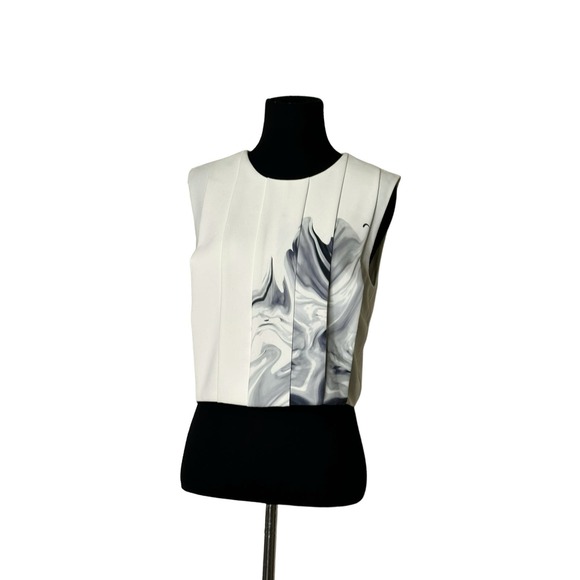 Sheike cream gray flower print sleeveless pleated dress blouse size 8 - Picture 10 of 11